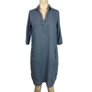 LOFT - WOMEN'S XS -BLUE DENIM SHORT SLEEVE V NECK COLLARED LYOCELL DRESS